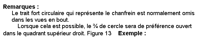 Zone de Texte: Remarques :
	Le trait fort circulaire qui reprsente le chanfrein est normalement omis dans les vues en bout.
	Lorsque cela est possible, le  de cercle sera de prfrence ouvert dans le quadrant suprieur droit. Figure 13	Exemple :
